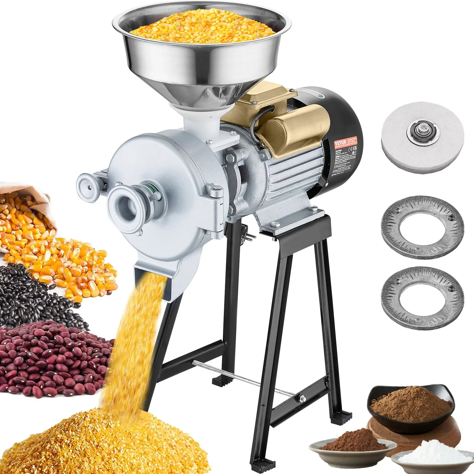【DealsForYouDays】VEVOR Electric Grain Mill Grinder, 3000W Spice Grinders, Commercial Corn Mill with Funnel, Thickness Adjustable Powder Machine, Heavy Duty Feed Flour Cereal Mill Wheat Grinders, Dry Wet Grinder