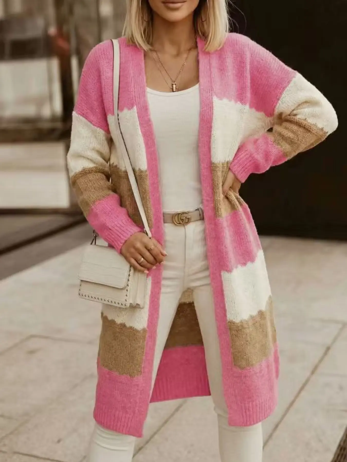 Women's Elegant Patchwork Medium-Length Knit Cardigan, Versatile Loose Fit Sweater Coat, Perfect for Home Office Commute Travel