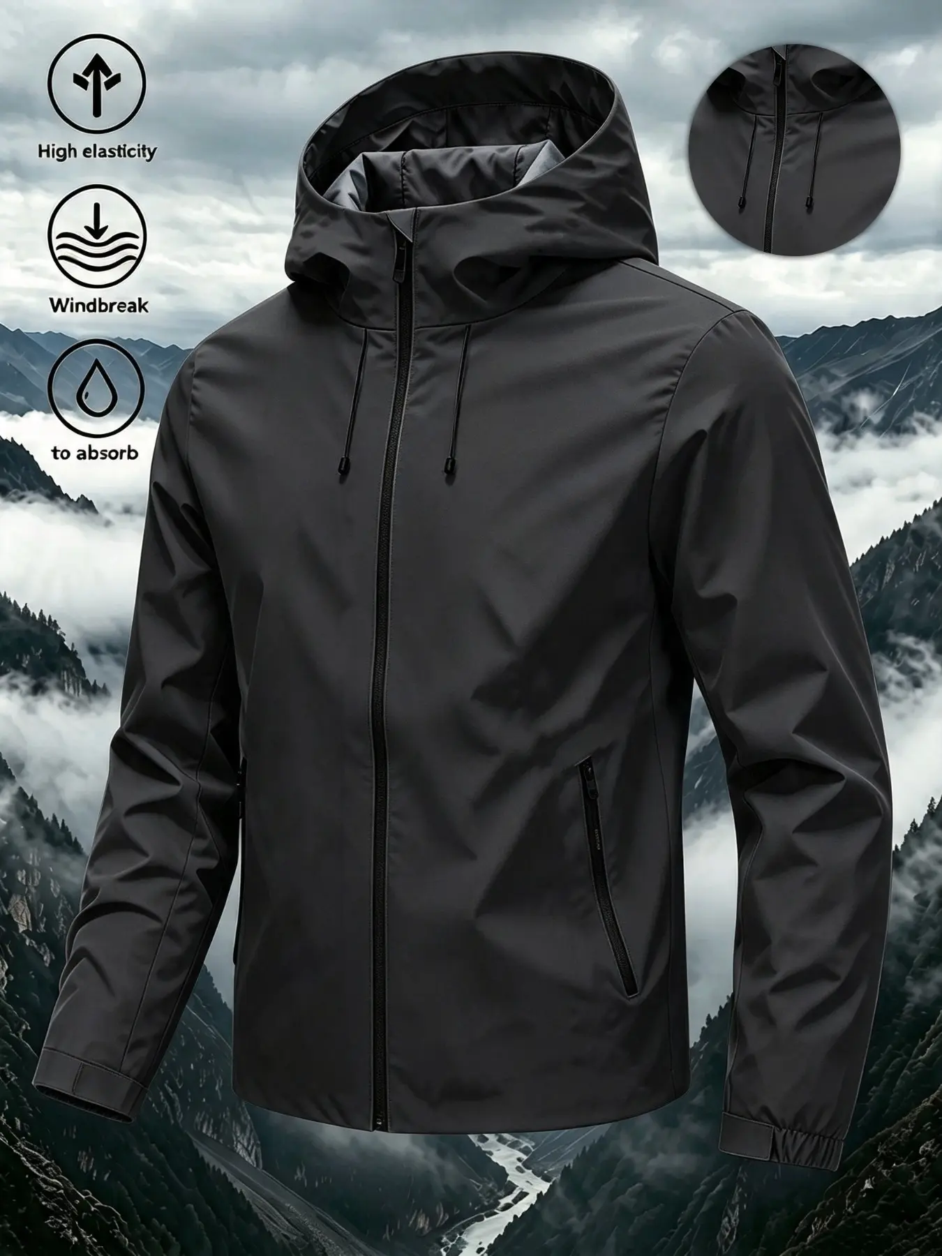 Men Women 4 Seasons Hooded Windbreaker Jacket, Outdoor, High Elastic Waterproof Windproof Water Absorb Lightweight Relaxed Fit Long Sleeve Zip Up Rain Coat With Zipper Pockets, Casual Gorpcore Street Outerwear For Hikers Campers City Commuters