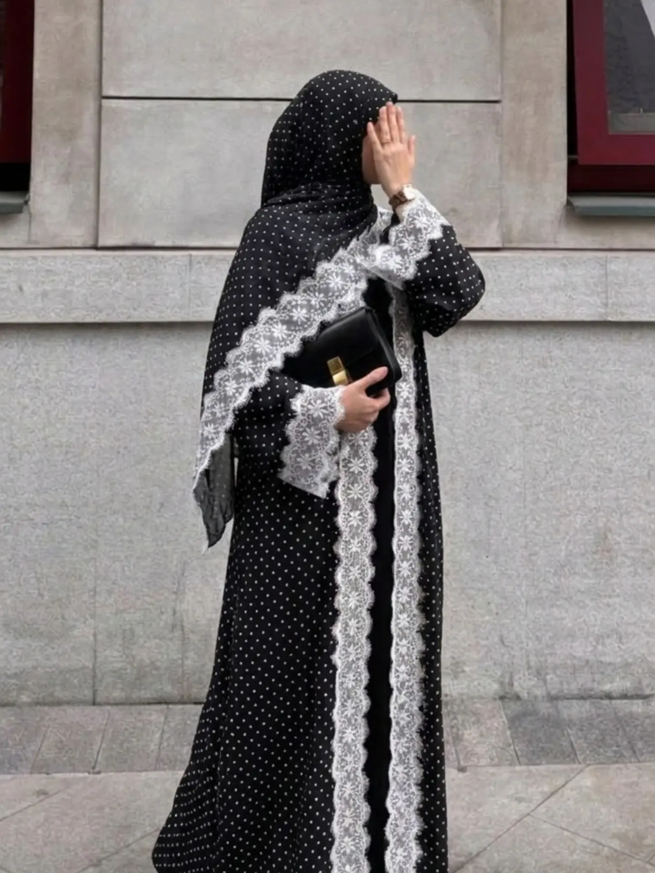 Elegant Two-Piece Lace Trim Polka Dot Open Front Abaya Robe, Perfect for Parties, Vacations, Casual Wear, Ramadan