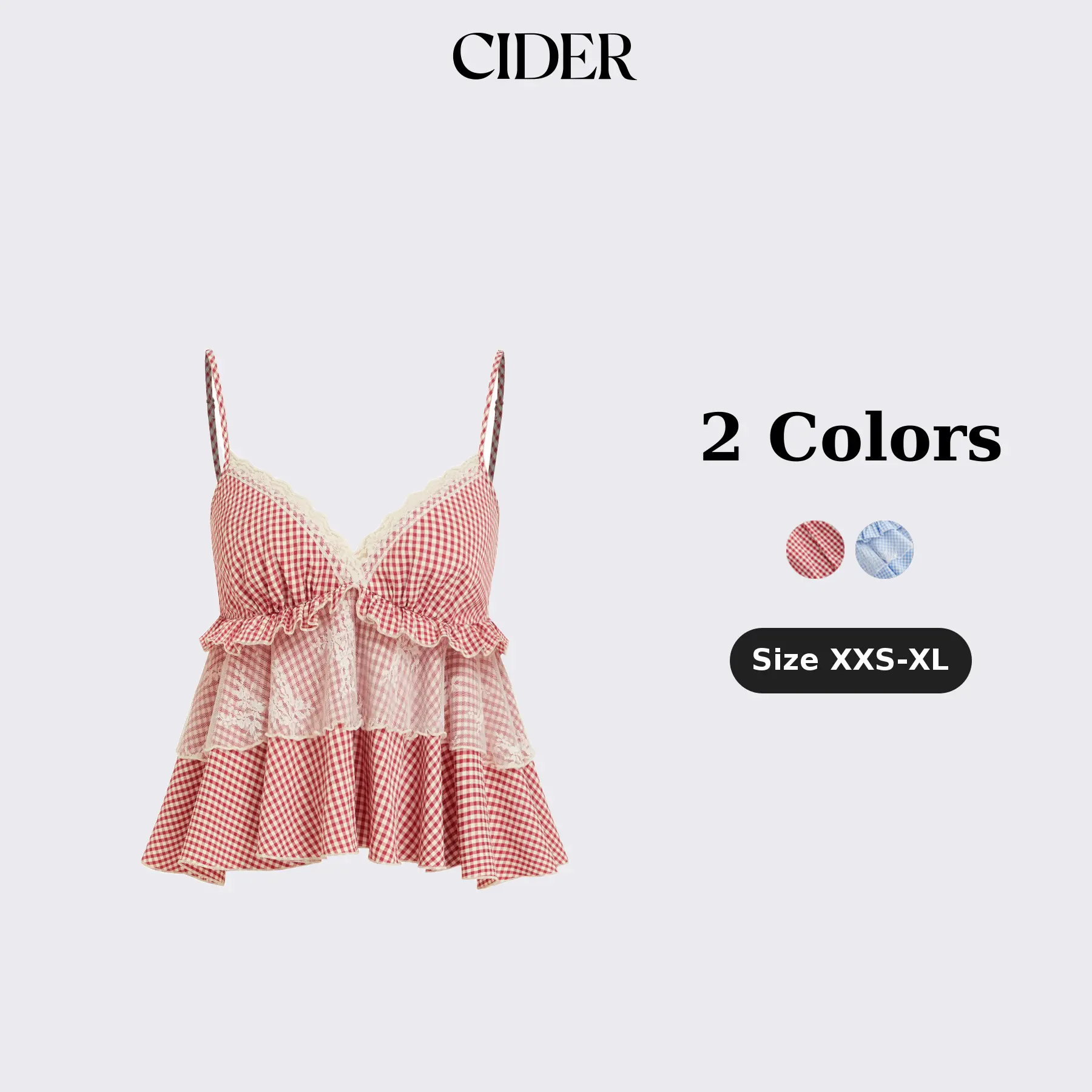 Cider Vintage Summer Gingham Cami Top for Casual Daily, Elegant Lace Panel Blouse, Ladies Ruffle Shirts, Retro Vacation Outfits, Lady Crop Tops