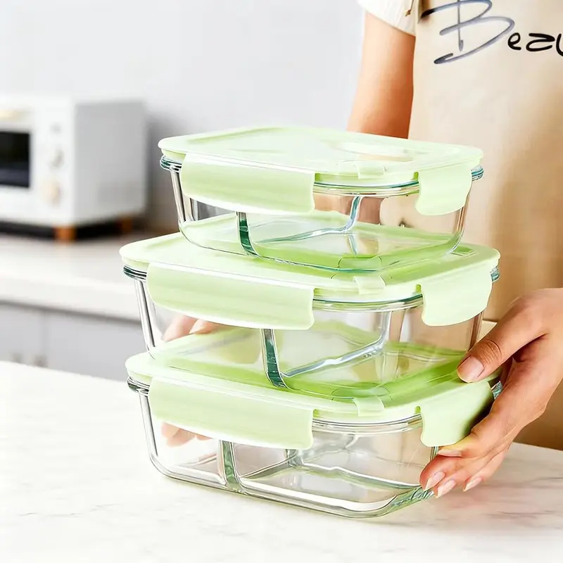 High Borosilicate Glass Food Container Microwave Oven Safe Lunch Box Divided Bento Box for Office Workers Students Fruit Storage Meal Prep Containers