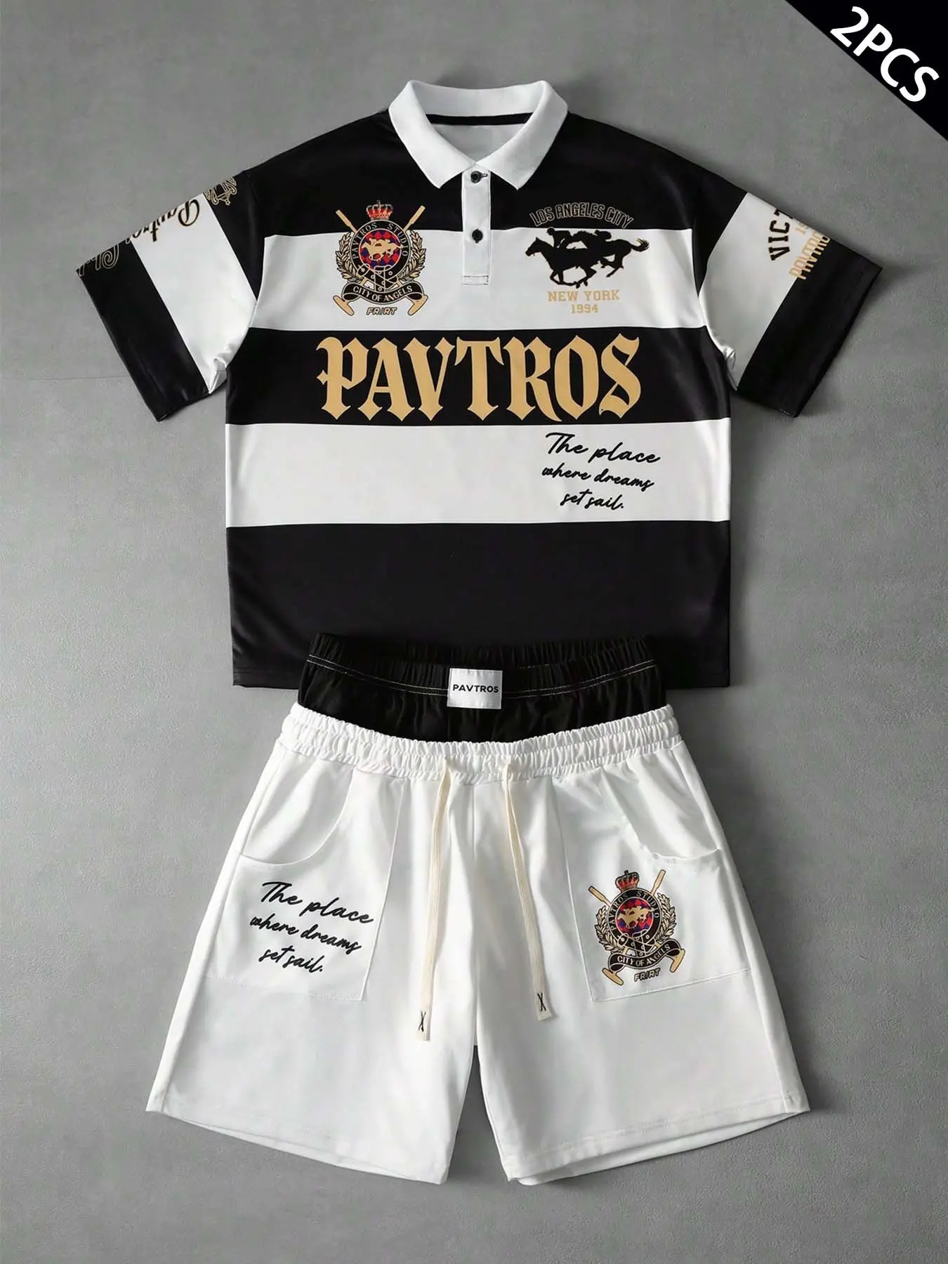 Men's retro collegiate two-piece set, black and white striped short-sleeve polo shirt & white drawstring shorts, made of soft and comfortable fabric, perfect for casual campus walks, relaxed vacations, and summer beach outfits.