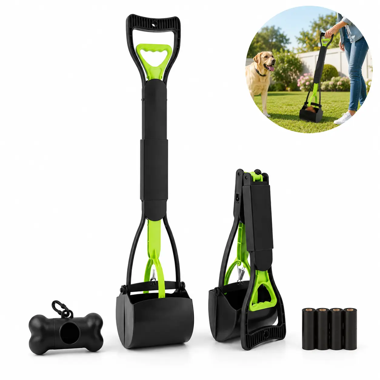 Dog Poop Picker Set - Long Foldable Handle Pet Scooper with Waste Bag Storage Box, Easy Cleanup Waste Pickup Kit for Dogs