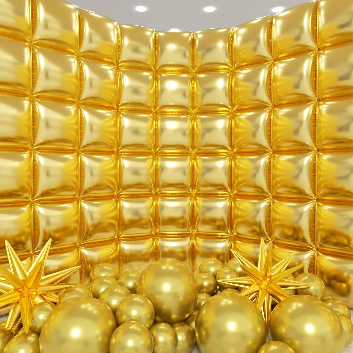 50pcs Metallic Gold Square Foil Balloons Wall Backdrop with 79pcs Metallic Gold Balloon Garland Arch Kit, Double Sided Balloon Tunnel for Anniversary Graduation Birthday New Year Decorations