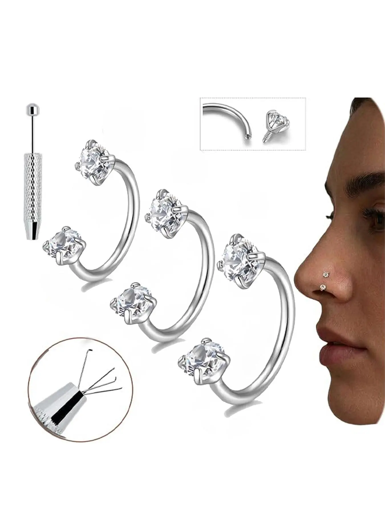 4PCS 20G Horseshoe Nose Ring for Women 6mm 7mm 8mm Surgical Steel Double Gem Horse Shoe Hoop Nose Studs Piercing Jewelry Hypoallergenic Silver Gold Septum Ring Lip Helix Tragus Daith Piercing Jewelry with Taper Ball Grabber
