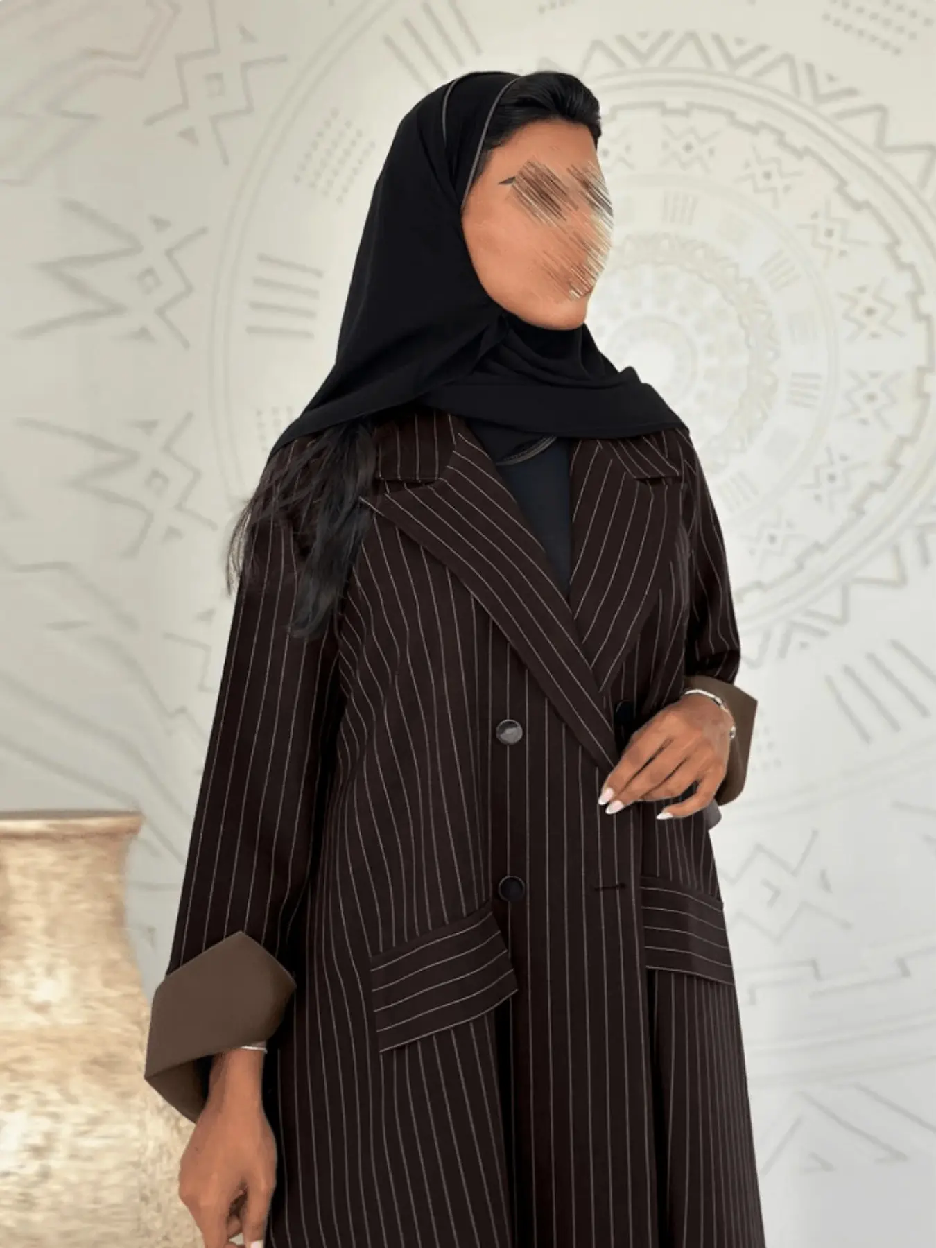 Abaya Striped Patchwork Double Button Pocket Long Coat, Stylish Suit Jacket, Elegant Outerwear for Women, Fashionable Windbreaker