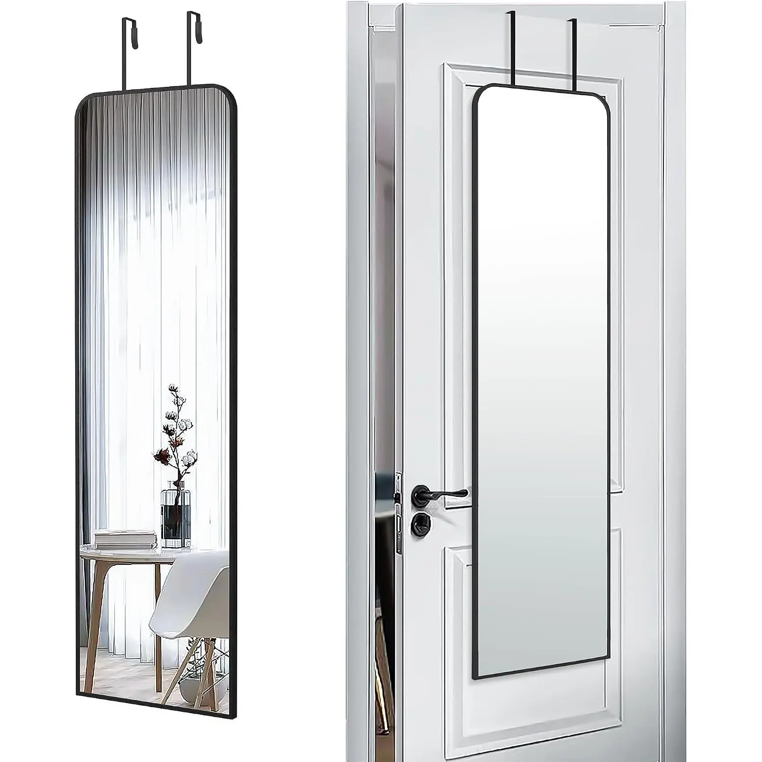 47x14 inch Full Length Mirror Over the Door Hang or Wall Mounted Black |  Alloy Frame, Glass, Full  Make-Up Mirrors for Bedroom, Bathroom,Entryway,Dressing Living Room