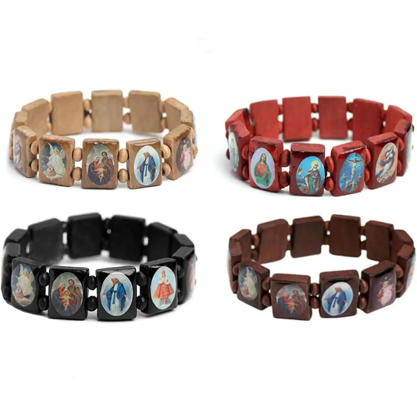 Men & Women's Modern Religious Wear Set of 4 Stretchable Wooden Panel Rosary Bracelets with Saints' Faces Panel Images (A), Set Of Four