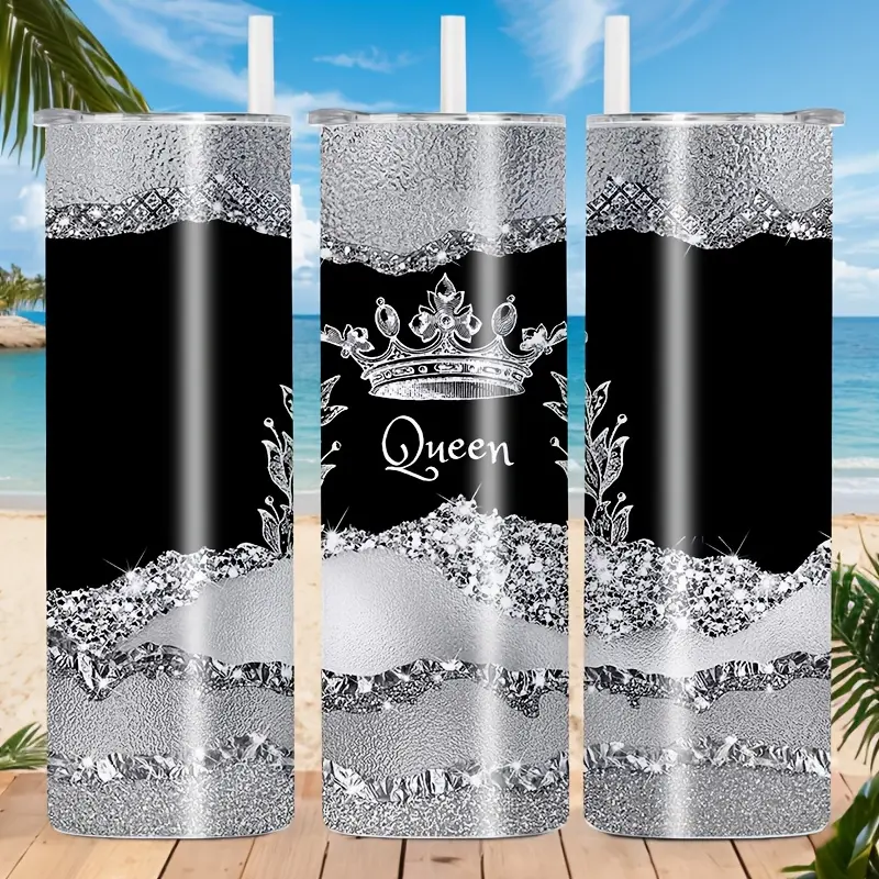 20oz King Queen Crown Couple Skinny Tumbler, Black Gold Diamond Glitter Stainless Steel Cup with Lid & Straw, Double Wall Vacuum Insulated Travel Coffee Mug, Valentine's Anniversary Gift for Couples