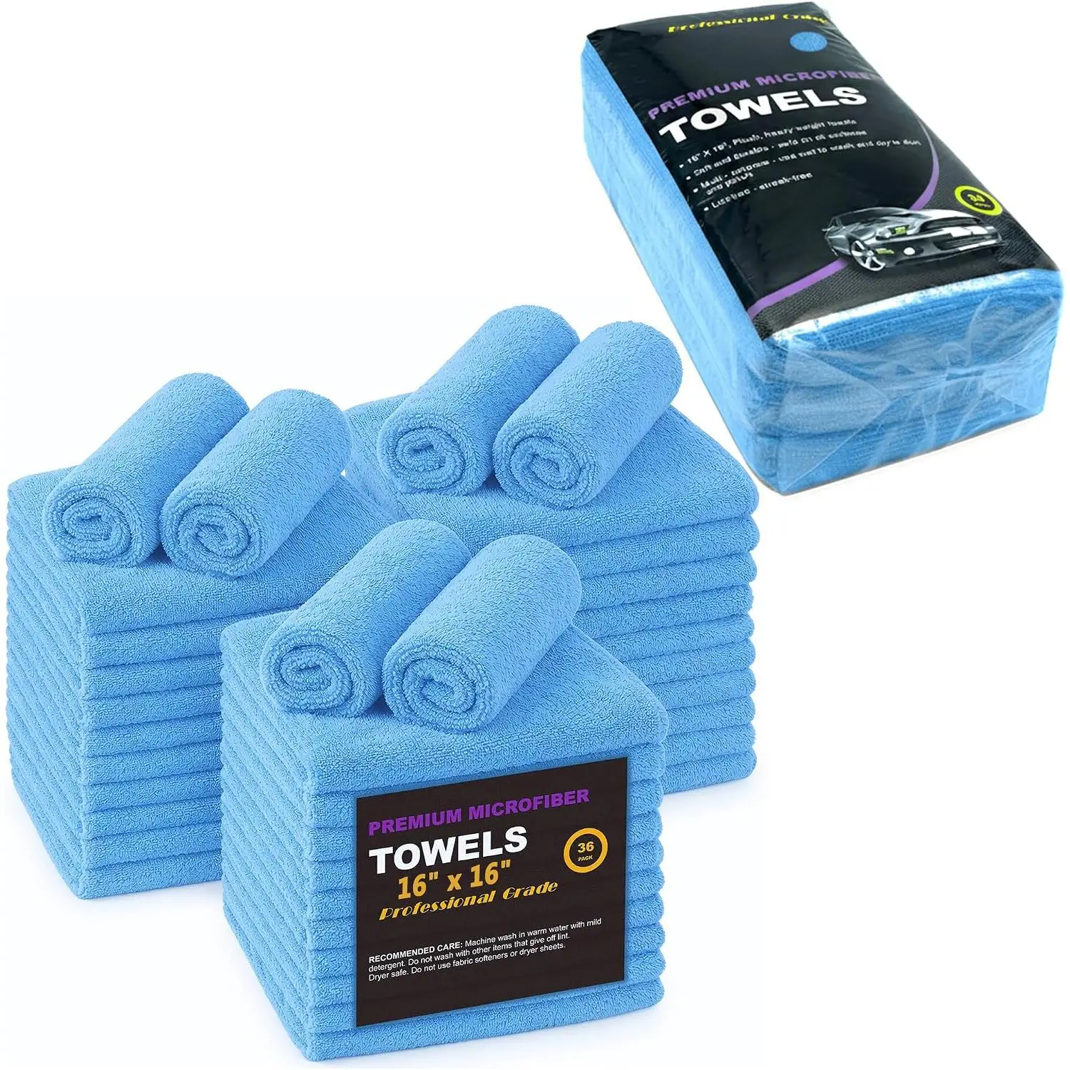 Large Microfiber Cleaning Towels, 36-Pack -Sided Ultra Soft Plush Washcloth, Professional Grade  Microfiber  Cleaning Cloths, , Household and Commercial (Sky , 16" X 16")