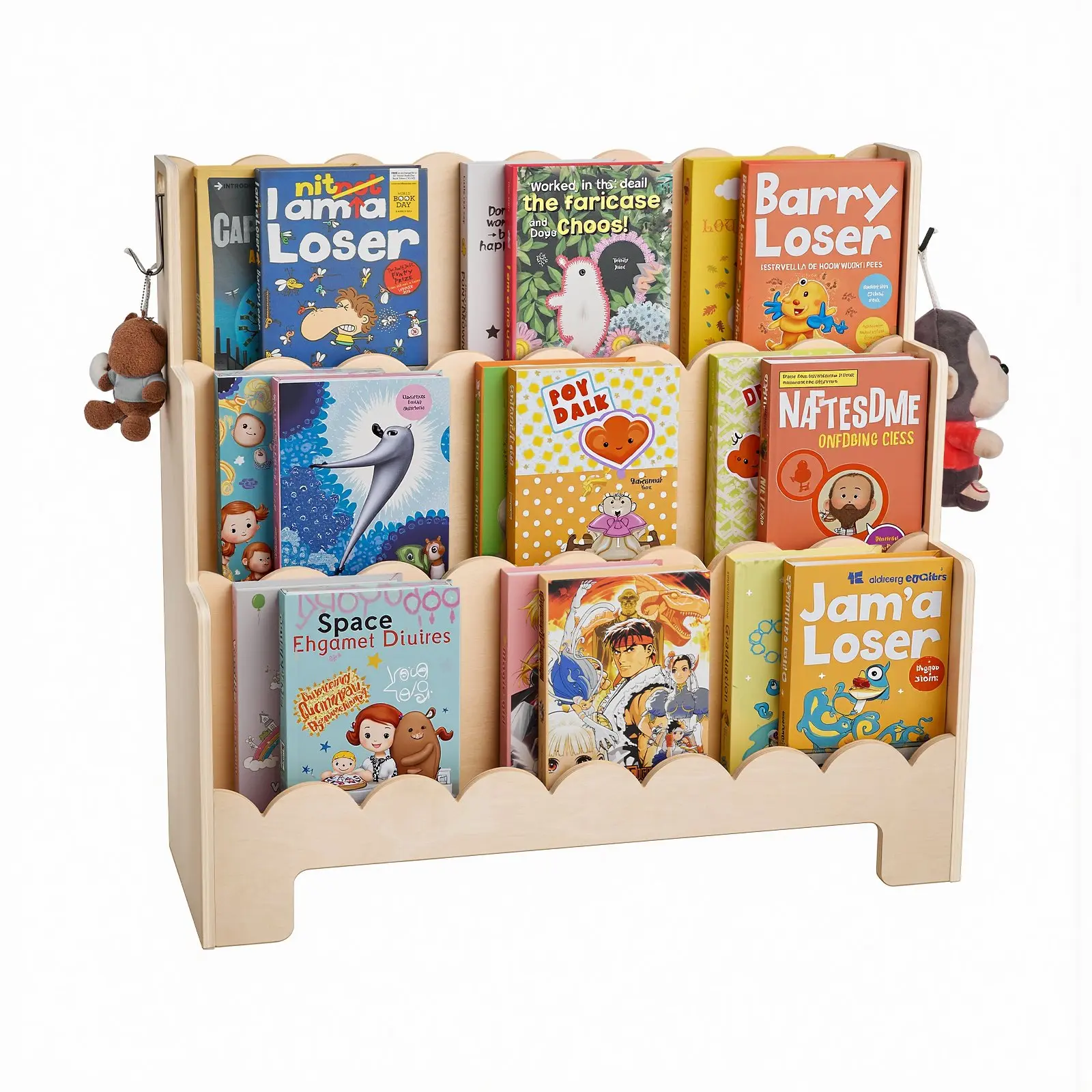 VEVOR Montessori 3-Tier Scalloped Front-Facing Kids Bookshelf, Toddler Bookcase with Dual Hooks for Kids Room, Nursery