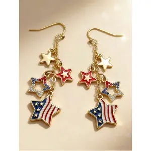 Women's Alloy Multi-Piece Earrings - 1 Pair Elegant Stylish Star & American Flag Design with Oil Drop Rhinestones, Tassels - Ideal for Daily Wear, Parties - Independence Day 4th of July Finds Female Creative Jewelry Gift