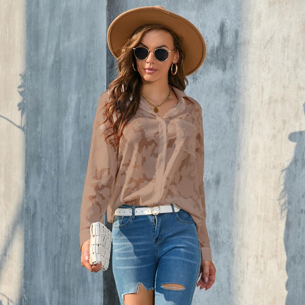 BIGWIG Women's White Elegant Sheer Blouse, Long-Sleeved Jacquard Collar Button-Down Top, Loose-Fitting Shirt, Casual Long-Sleeved Chiffon Blouse, Spring/Summer Outfit