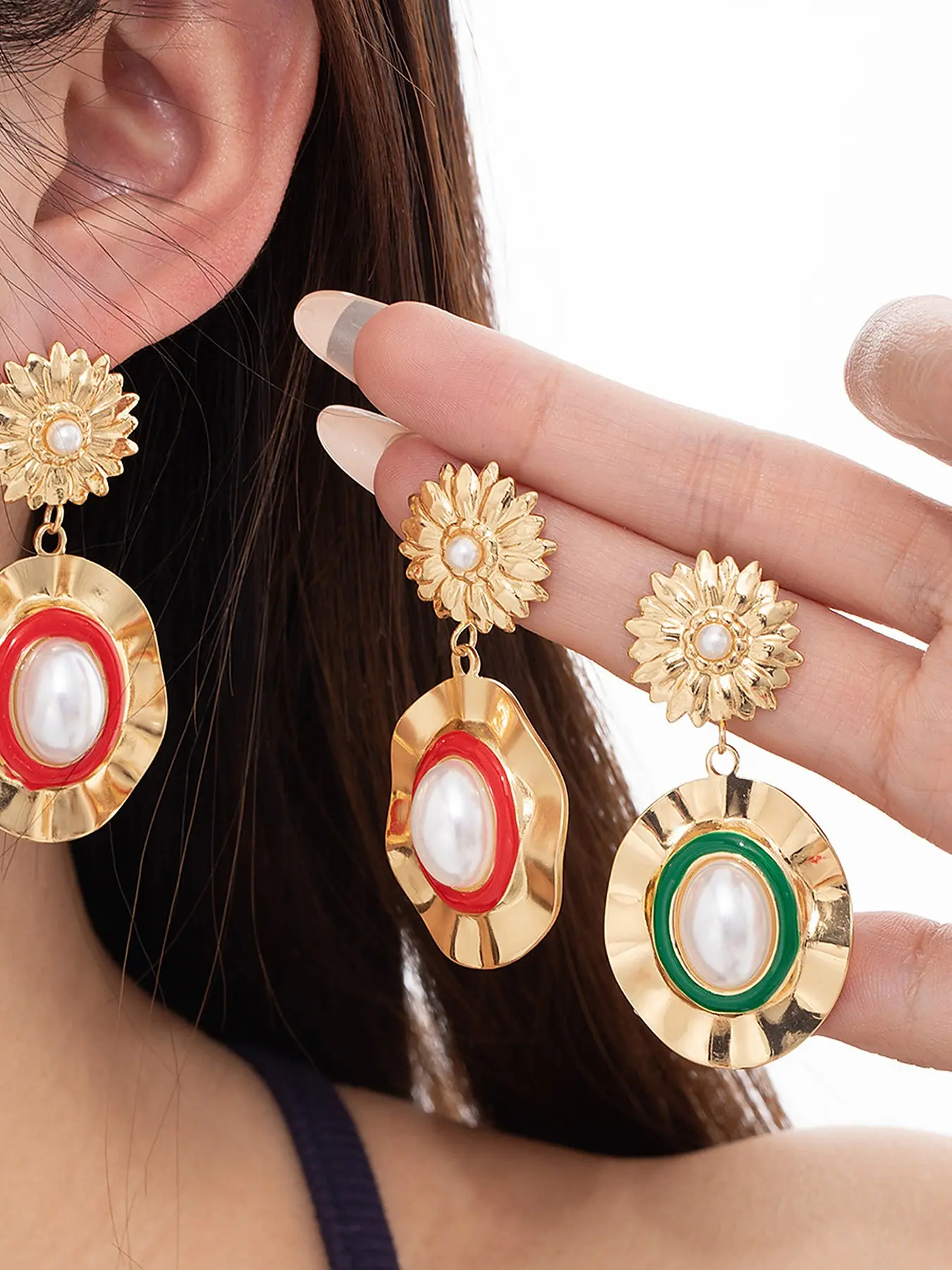 Flower Teardrop Earrings, Dual Tone Bead Ear Jewelry, Elegant Fashion Accessory for Women