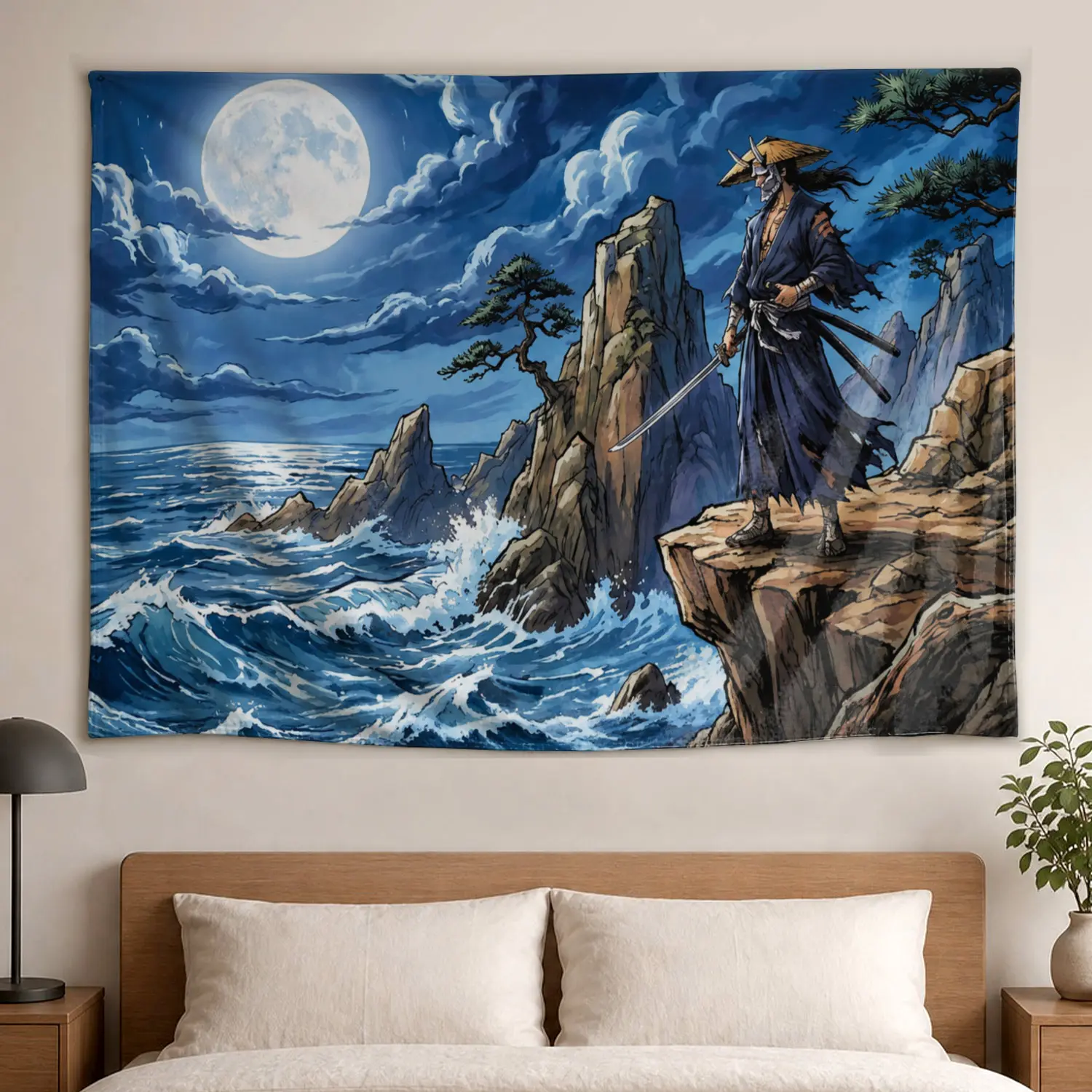 Japanese Samurai Moonlit Seascape Wall tapestry, Large size Printed Horizontal Tapestry blanket, Polyester Fabric Wall Hanging for living room, bedroom, No Installation Required, Indoor, Outdoor, Gift for Family and Friends
