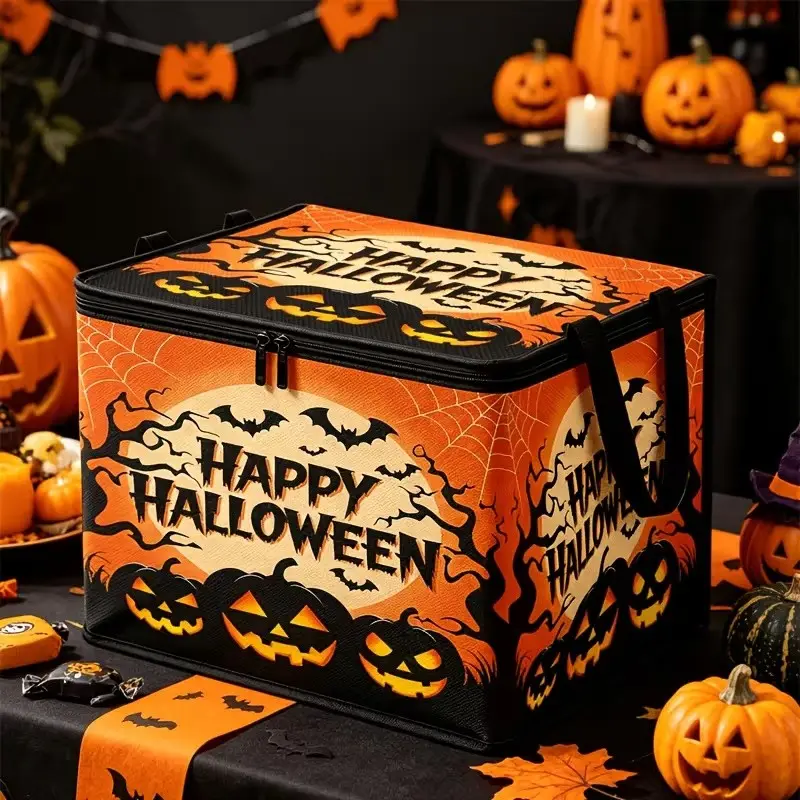 1‑Piece Halloween‑Limited "Happy Halloween" Pumpkin‑and‑Bat‑Print Large‑Capacity Storage Box, Zippered with Handles, Fabric Storage Basket, Foldable Dust‑Proof Clothes Organizer Box, Household Wardrobe Sundries Storage Container, Halloween Party Candy Gif
