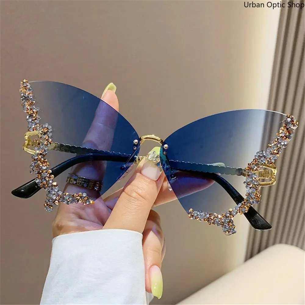 XUH Y2K Oversized Butterfly Sunglasses for Women, Luxury Rimless Rhinestone Bling Crystal Sun Shades, Vintage Fashion Eyewear for Party Music Festival Daily Outfits