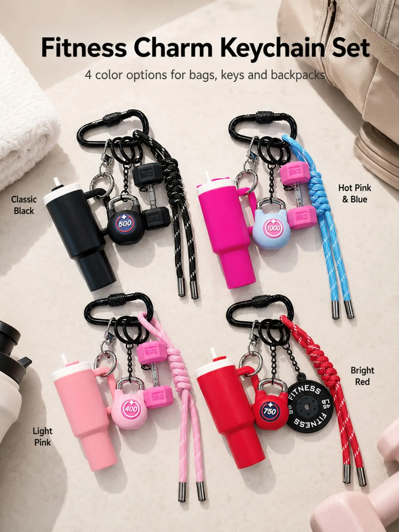 Miniature Fitness Tumbler & Dumbbell Keychain with Braided Paracord Lanyard, Soft Silicone Mini Charms, Gym Workout Themed Multi-Charm Cluster 3D Silicone Fitness Charm Set, Soft Keychains, Keychain for Purse