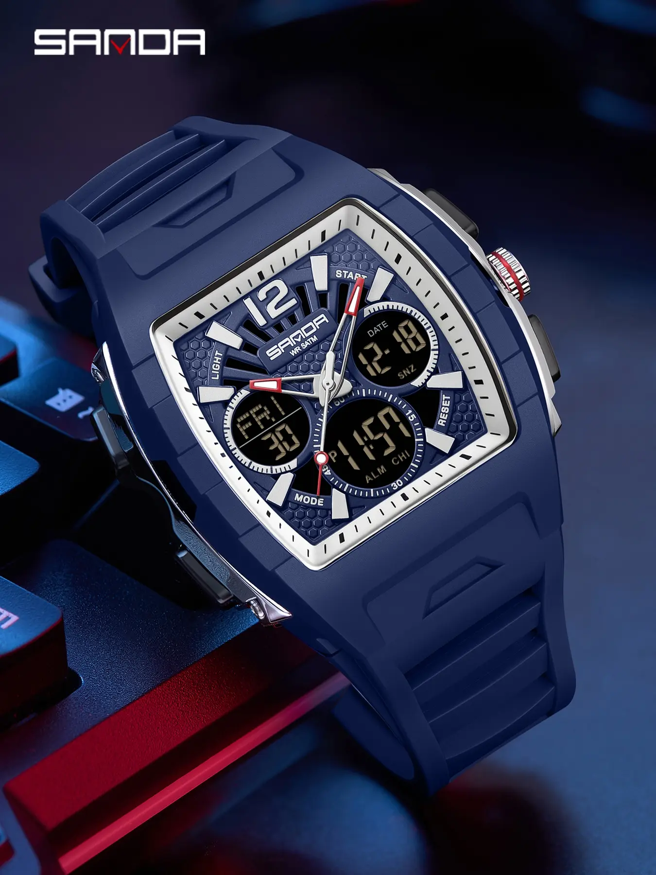 Sanda Student Tonneau Digital Watch, Multi-Function 3 Time Zone, Countdown Alarm, Hourly Chime, Week Date, Snooze, Luminous, Waterproof, Sports Watch
