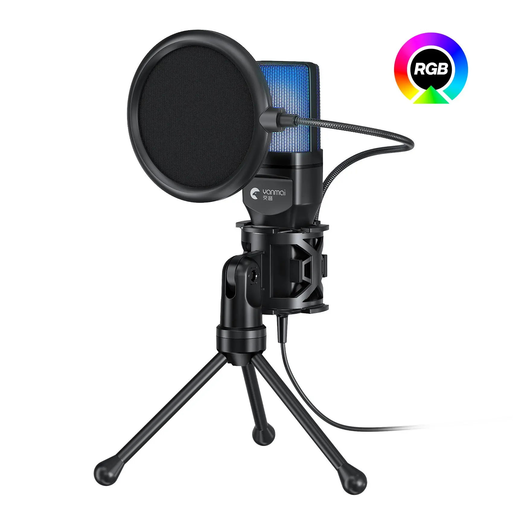 RGB Condenser Musical Microphone with Mini Tripod, USB Powered Mic for PC Recording, Streaming, Gaming, Live Streaming, Compatible with PC and Mobiles
