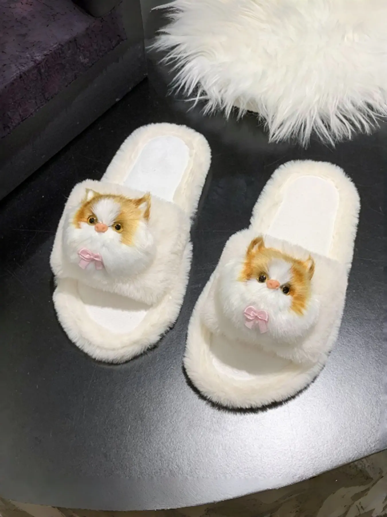 Cute Cat Decor Slippers for Women, Soft Rubber Sole, Anti-Slip, Fall & Winter, Textile Upper, Home & Outdoor Use, High-Quality Comfort