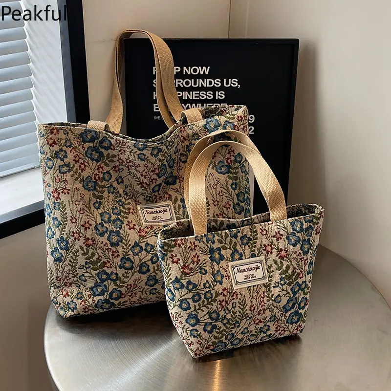 Oversized Floral Pattern Canvas Handbag, popular multipurpose female daily bag blending trendy floral design and strong .Spacious layered storage meets work & school demands, great for weekday office working,outdoor casual stroll styling.