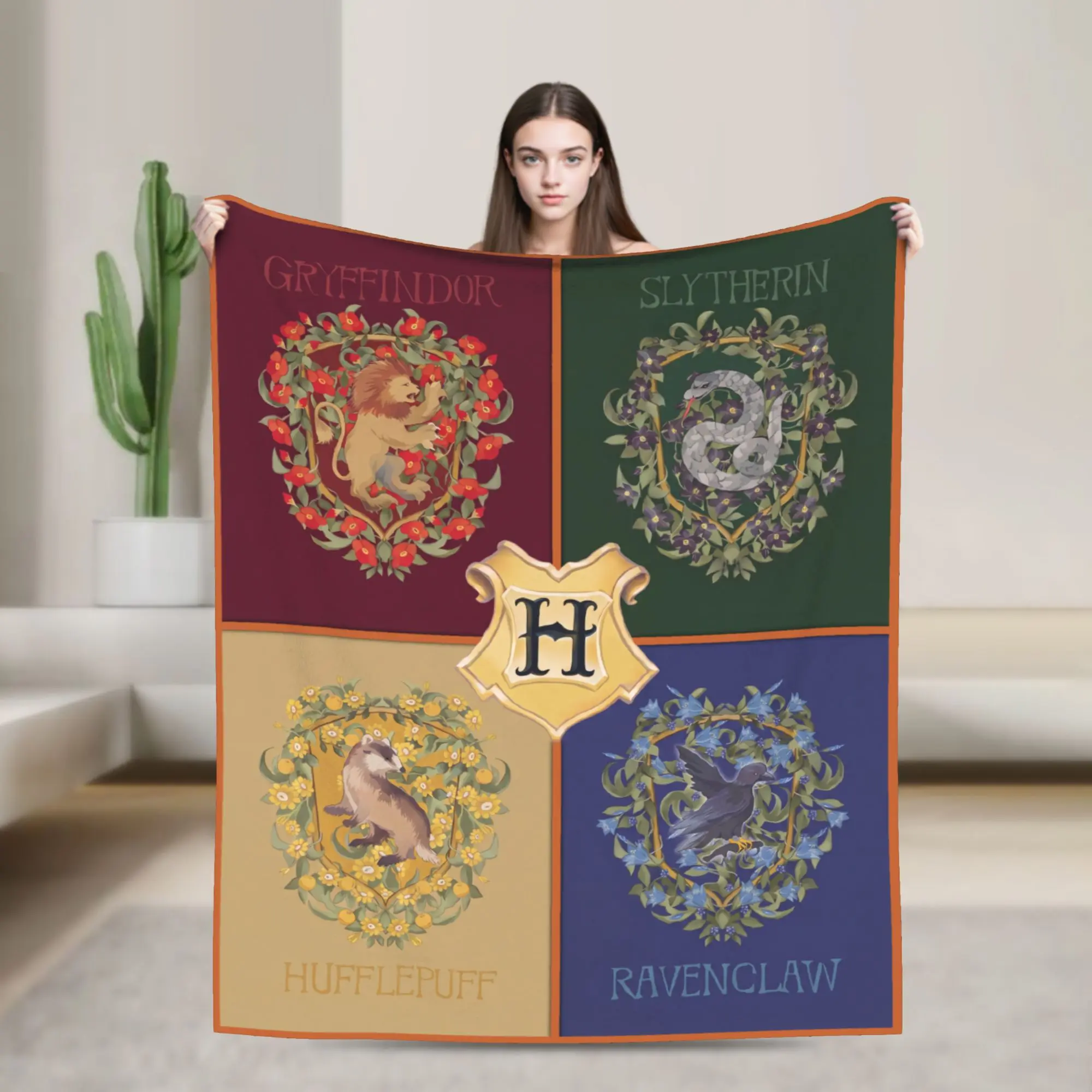 WB Hogwarts Four Houses Floral Crest Flannel Throw Blanket, Harry Potter Quadrant Grid Desk Decor  Blanket, Wizarding World Fan Couch Cover, Birthday Holiday Gift for Wizard Movie Enthusiasts