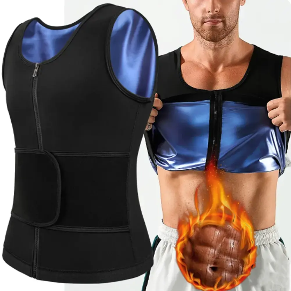 Male Athletic Sauna Vest, Fitted Polyester Waist Trainer with Zipper and Tummy Control for Gym & Running, Athletic Fitness Clothes
