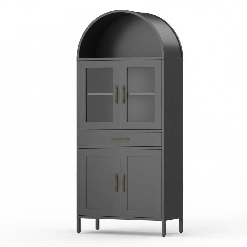 73-in Tall Arched Metal Storage Cabinet with Glass Doors - Stable Cold Steel Pantry Organizer, Adjustable Shelves, Drawer, Solid Finish, Mark-Resistant, Anti-Tip, Easy Setup, Assembly Required for Kitchen, Office, Durable
