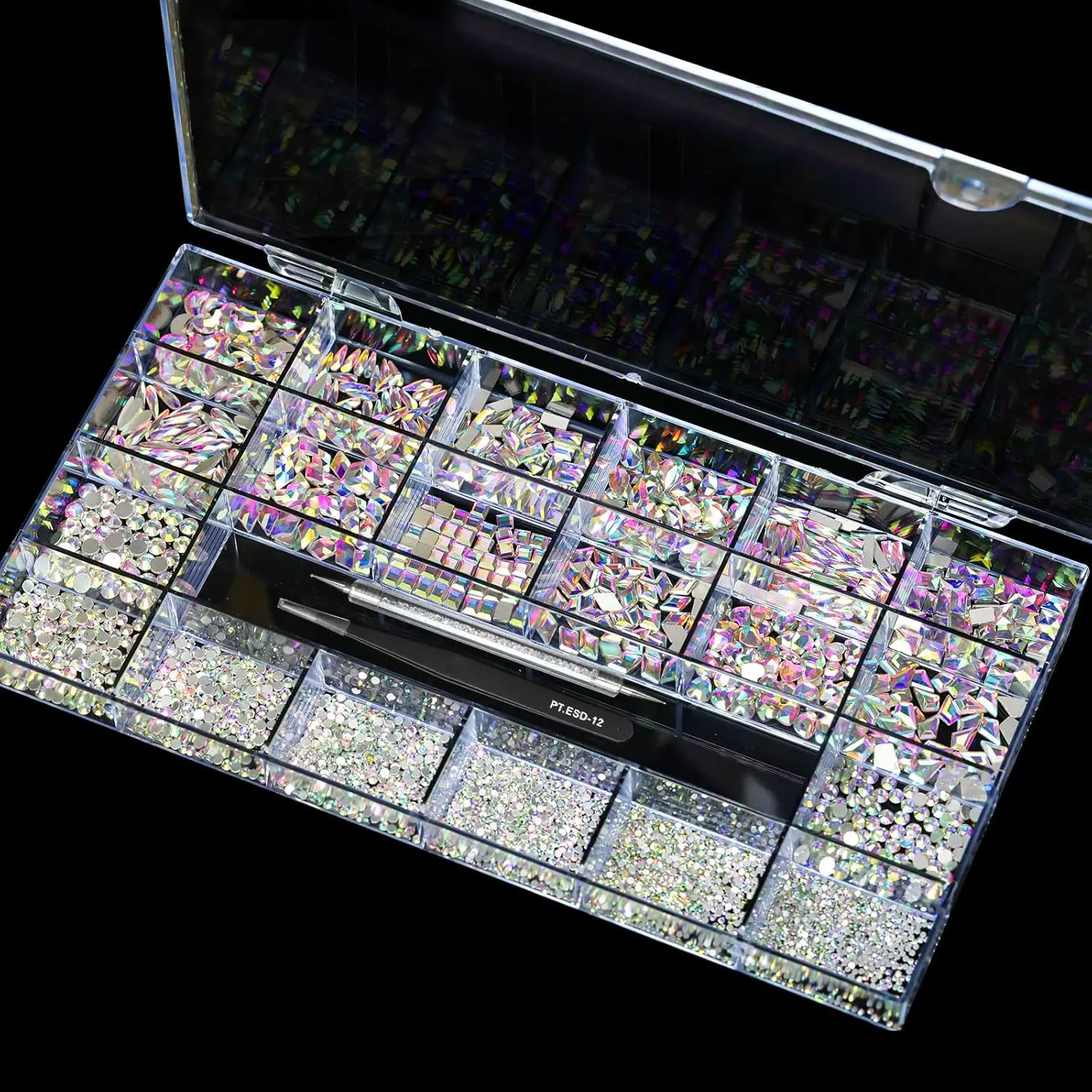 Flatback Rhinestone Crystals Set - 12-Type AB Diamonds (600pcs), 20-Type Flat Rhinestones (2500pcs), Tweezers, Drill Pen for Nail Tech Manicure, DIY Crafts