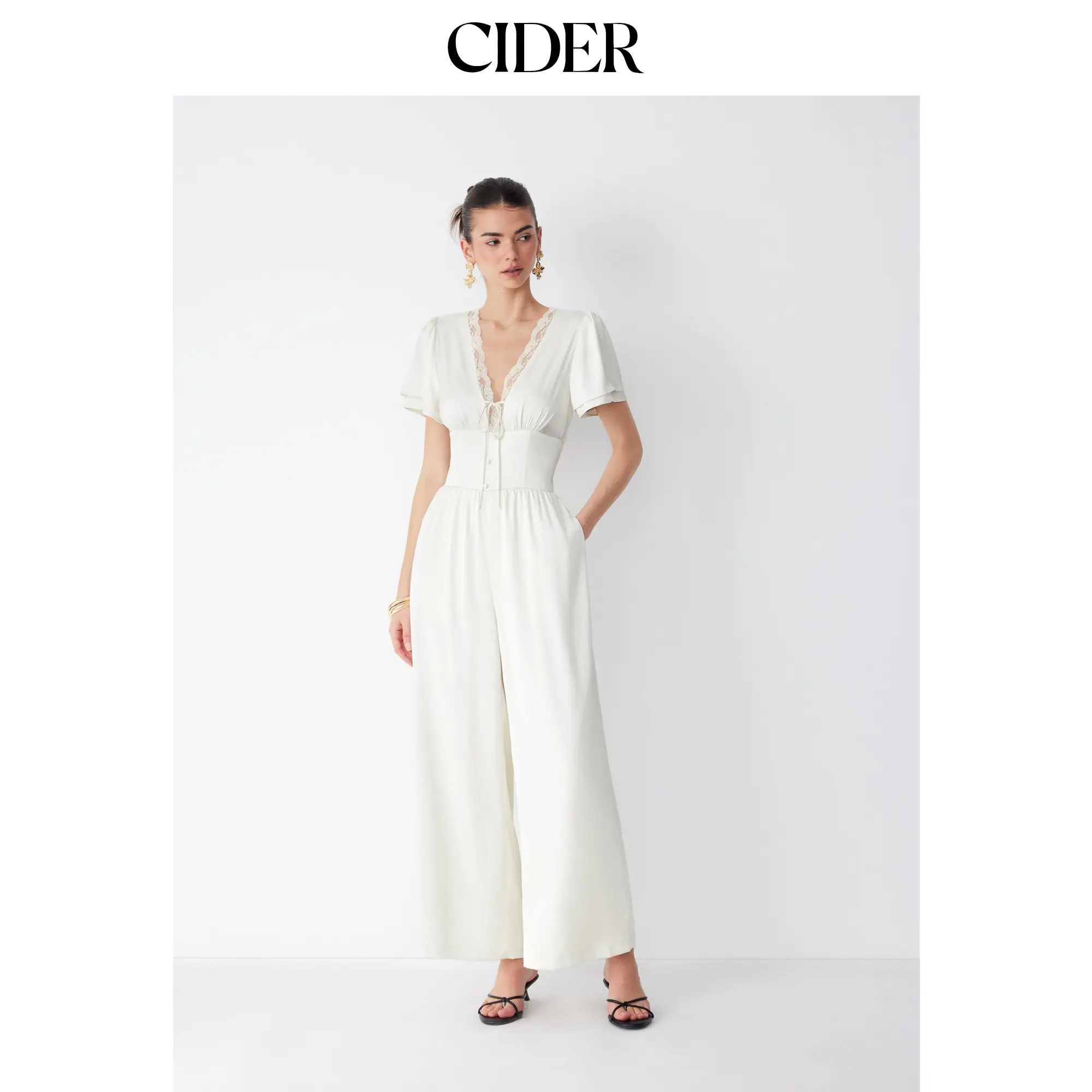Cider Satin V-neck Ruffle Sleeve Lace Trim Mid Rise Wide Leg Jumpsuit