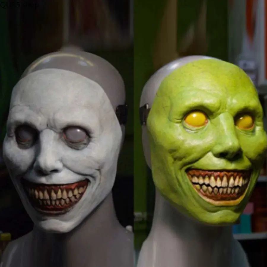 Grinning Exorcist Halloween mask with blank white devil eyes, creepy cosplay prop ideal for Halloween parties, haunted house events and role-play outfits. Comfortable wearable design brings terrifying visuals, eye-catching spooky accessory for trick-or-tr