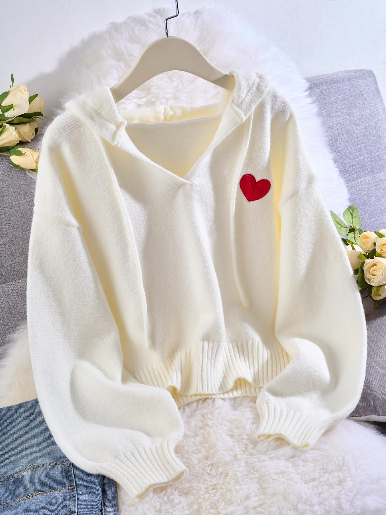 Women's Casual Knit Pullover Sweater, V Neck Hooded Sweatshirt, Loose Fit, Heart Embroidery, Fall & Winter Fashion, Knitted Pullover