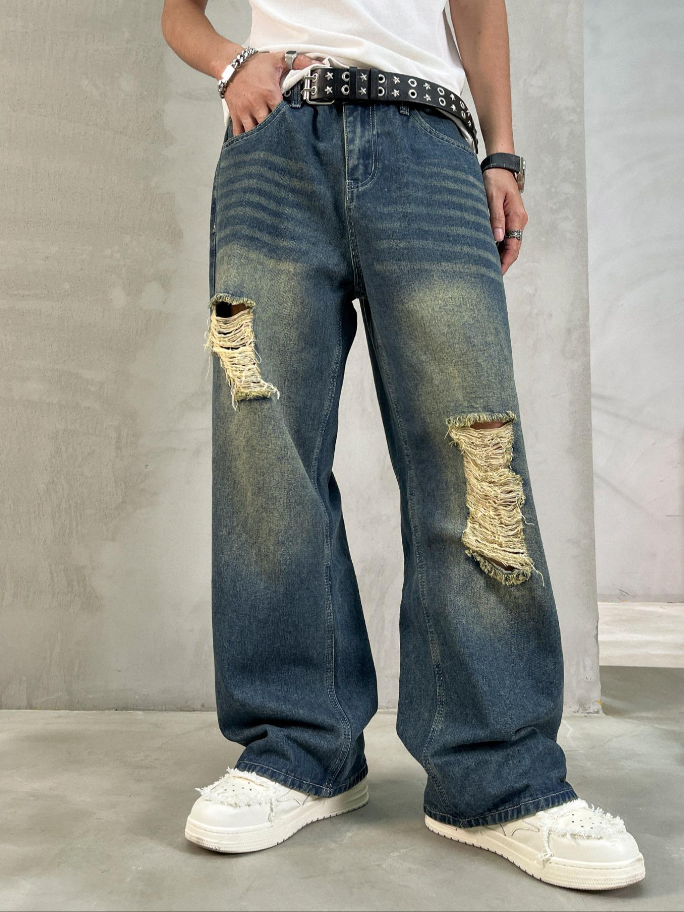 Men's Vintage Wash Distressed Straight Leg Light Wash Jeans, Loose Casual Comfy Denim Jeans for Daily Wear, Wide Leg Jeans for Men, Men's Denim Jeans for All Seasons