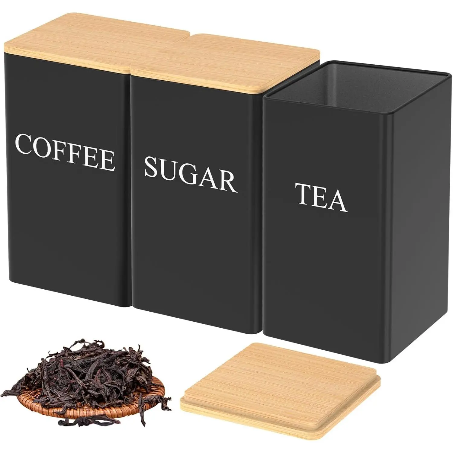 Tea Storage Box, 3 Counts/set Tea Coffee Fruit Tea Candy Tinplate Box with Bamboo Lid, Home Organizer for Living Room Bedroom Kitchen