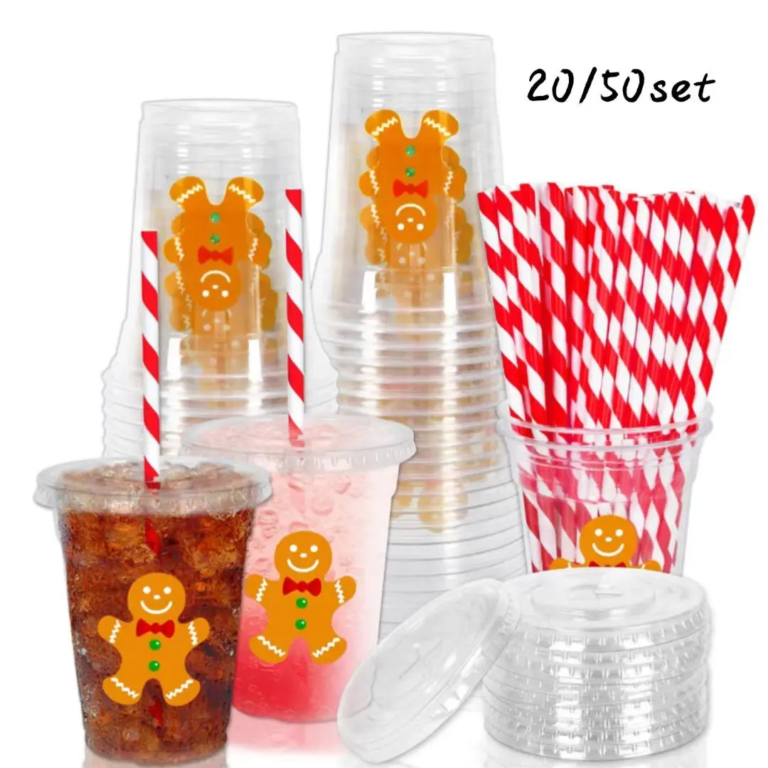 20/50 Pcs Gingerbread Girl Disposable Plastic Cups with Lids and Straws, 12oz Cute Gingerbread Cold Drink Cups for Baby Shower Birthday Party Supplies