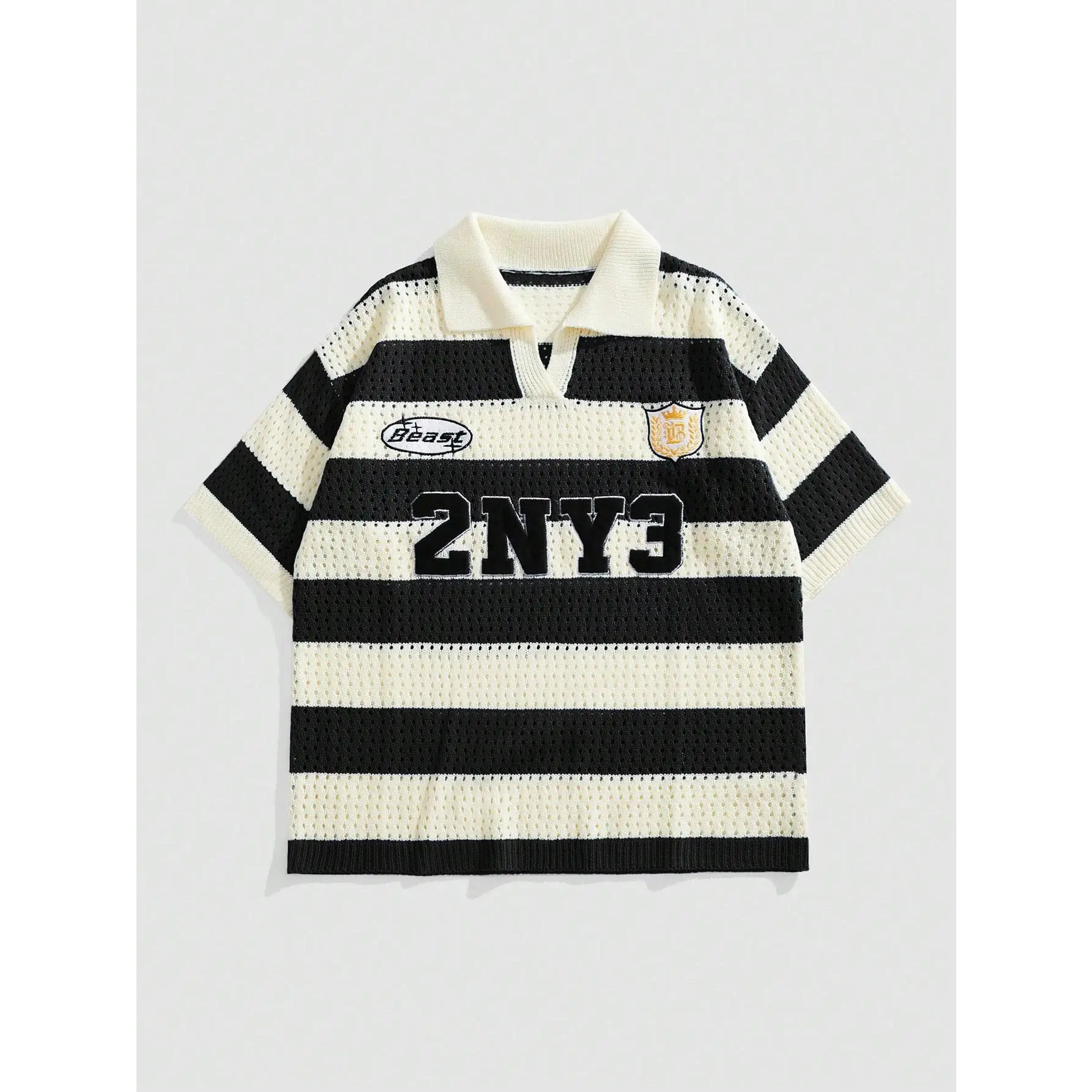 Unisex Knitwear Letter Striped Jacquard Knit Short Sleeve Polo Shirt