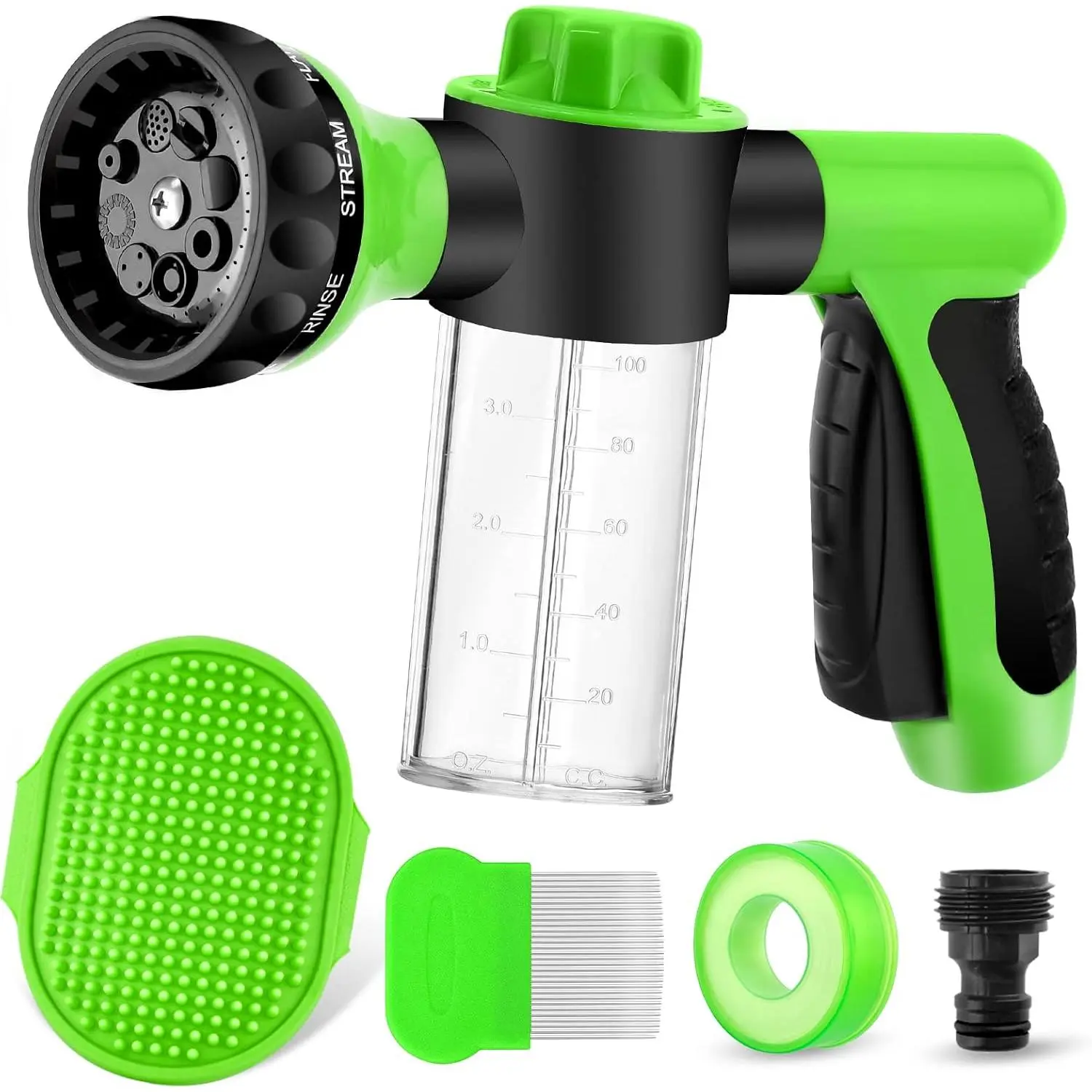 8-Pattern Dog Wash Sprayer Outdoor, ABS Plastic Hose Attachment with Massage Brush, Pet Grooming Comb, Leak-Proof Design, Foam Concentration & Soap Mode Controls, Standard Garden Hose Nozzle (Green), 8 Sprayer Patterns, Foam Concentration Control