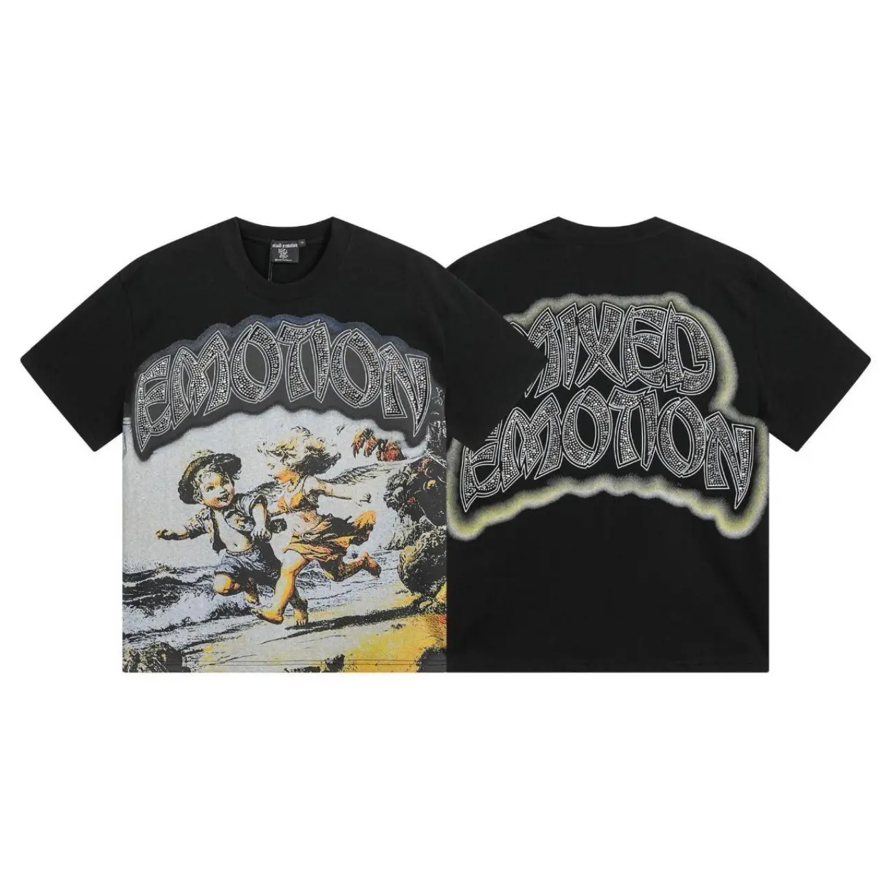MIXED EMOTION Diamond Angel Graphic Tee, Vintage Cotton T-Shirt for Streetwear, Oversized T-Shirts Tee Y2K Hip Hop Summer Short Sleeve Top