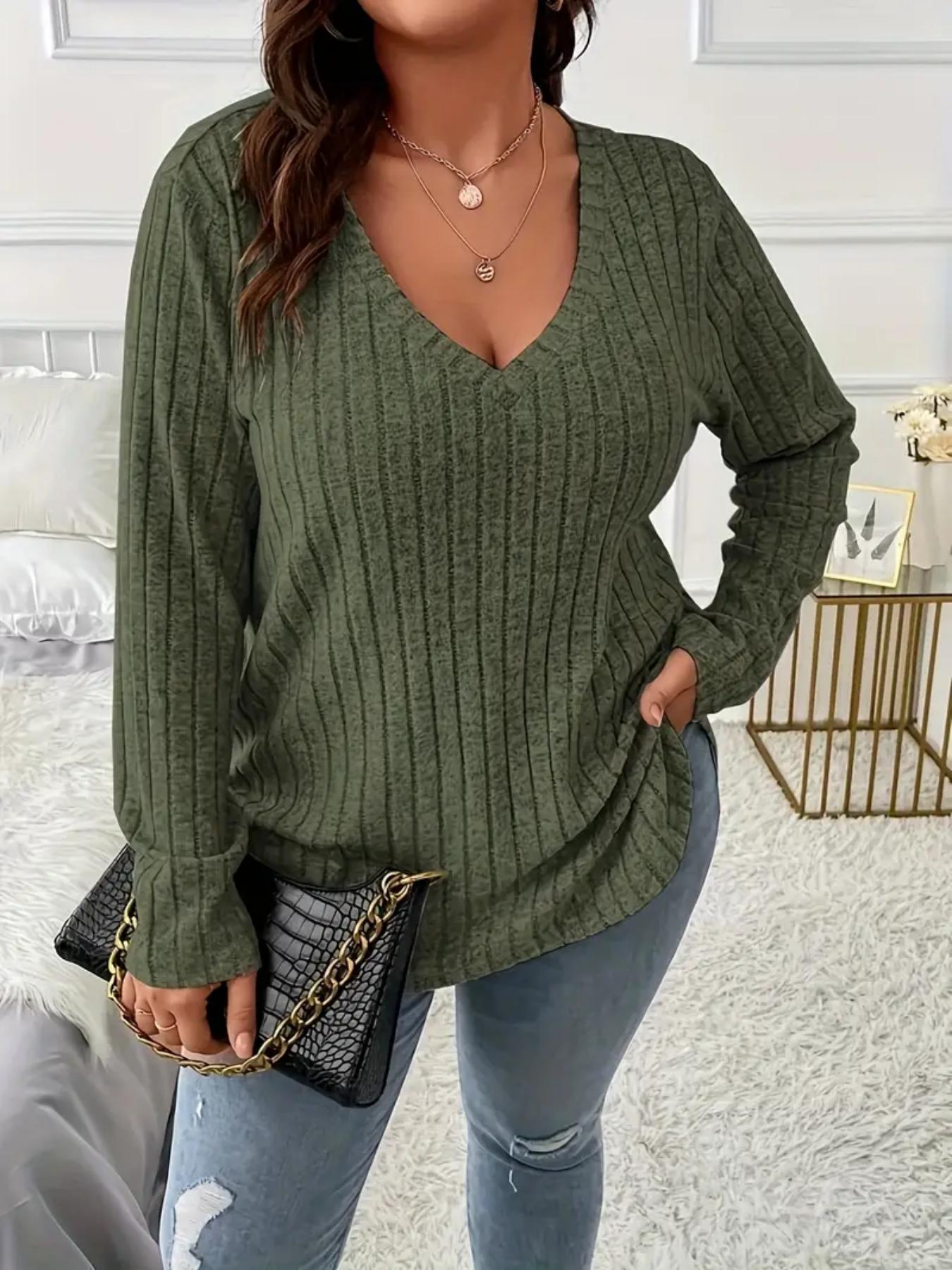 Plus Size Solid Long Sleeve Tee, Casual Comfy V Neck Top for Fall Daily Outdoor Wear, Women Plus Clothing for Fall , Fall Outfits 2024, Fall Outfits, Earthtone Fallfreshness, Dressy Casual Tops