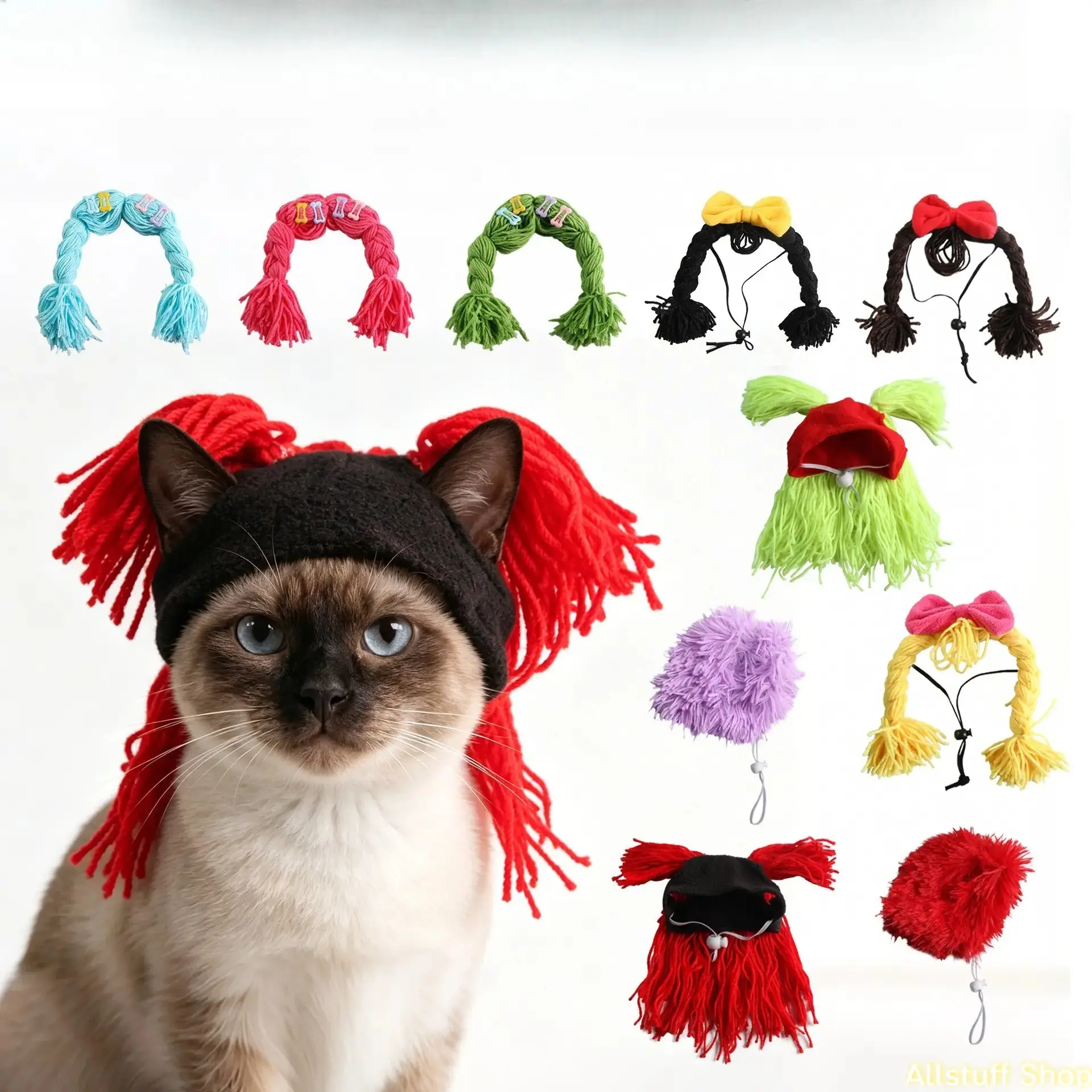 Cat Costume Wig with Bow Funny Pet Wig Headwear for Cats - Adjustable Costume Wigs for Small Pets, Photo Props Headwear for Halloween/Party Photos Colorful Cosplay Wigs for Cats and Small Dogs campingessentials
