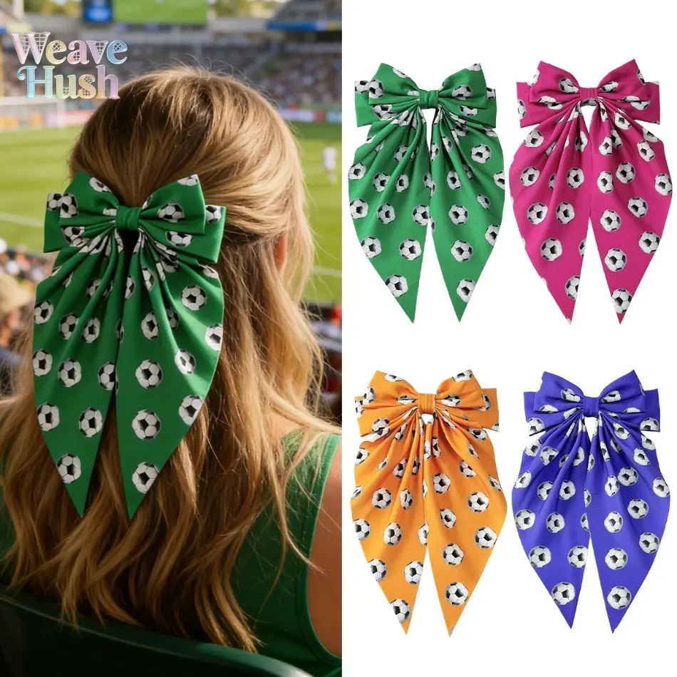 4Pcs Football Print Bow Hair Clips - Long Ribbon Spring Barrettes, Bow Shape Sporty Look DIY Bag Accessories for Game Day, Daily Styling (Luggage & Bag Accessories), Hair Styling Tools