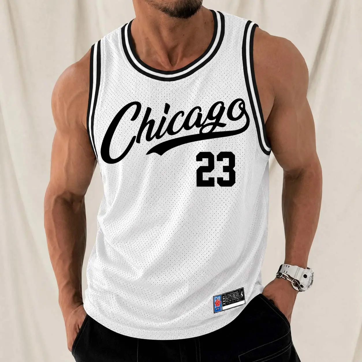 Men's Retro Mesh Tank Top "Chicago 23" Basketball Graphic; A Sleeveless, Athletic Jersey-Style Top Designed For Breathability—Perfect For Workouts, Running, Or Casual Street-Style Summer Wear.