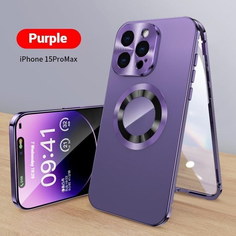 Purple 2-In-1 Magnetic Privacy Case for iPhone 12/13/14/15/16/17 Pro Max Plus Series, Anti-Spy Screen, Full Metal Bumper
