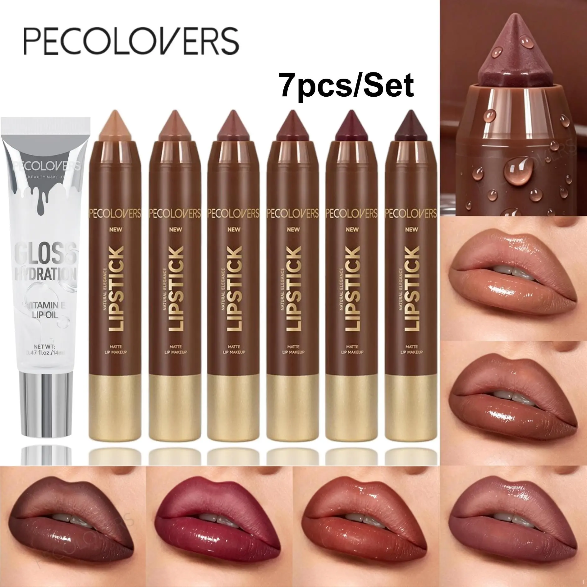 7pcs/Set Long-Lasting Lip Crayon&LipGross，Long-Lasting,2 in 1 Matte Lipline ,Hydrating Pearl Shine Lip Gloss,Mirror Finish,Perfect for Defining Lip Shape Lip Kit Sets Lip Makeup Set
