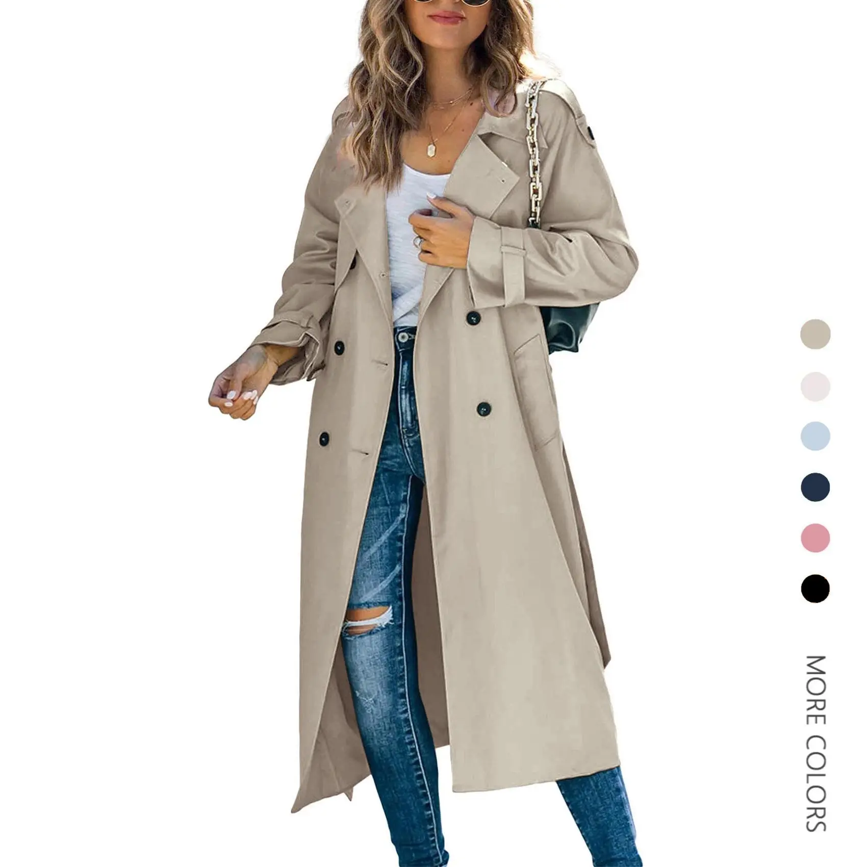 Women's Classic Double-Breasted Trench Coat, Slim-Fit Cotton Blend Windproof Long Overcoat with Belt for Business and Casual Wear, Chic, High-Grade Craft, V-Neck