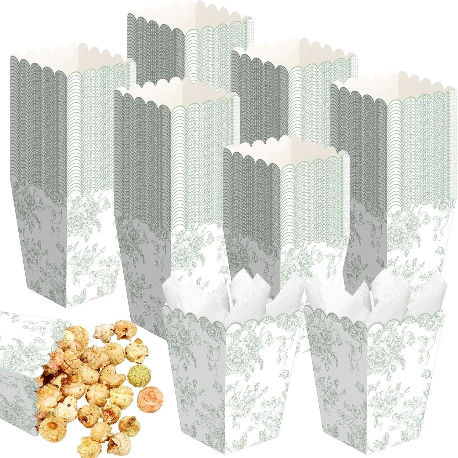 100 Pcs Green Floral Popcorn Boxes 5.5 x 10.5 x 7.5 cm Mini Paper Popcorn Containers Bulk for Wedding Movie Night Bridal Baby Shower Party Decorations Supplies