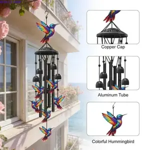 Vibrant rainbow hummingbird wind chime crafted with vintage metal tubes and bells, delivering soft melodic soothing sounds. Elegant hanging ornament for outdoor garden, patio and indoor home decoration, perfect present for bird lovers.