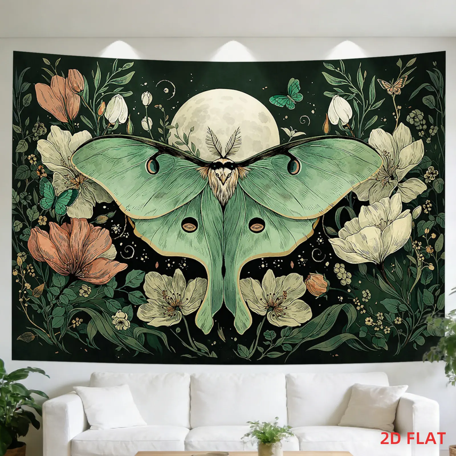 Boho Moth Moon Tapestry Wall Hanging - Peachskin Cotton Wall Decor, Smooth Lightweight Non-Glare Matte Cloth, Aesthetic Flat Print Hippie Art for Indoor Bedroom Meditation Space, Full Moon